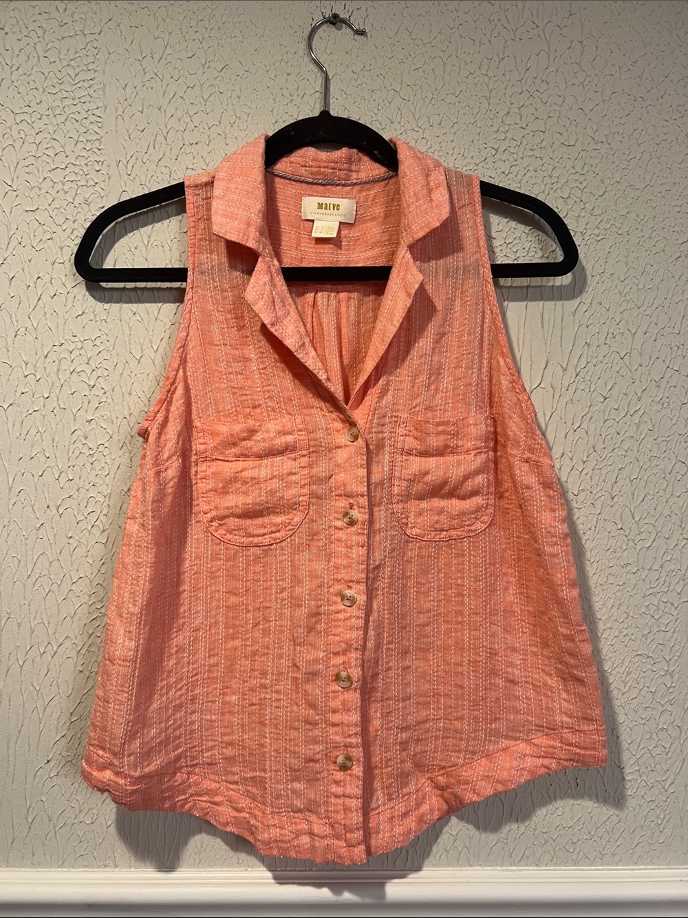 Maeve by Anthropologie Coral linen blend Sleeveless button up top size 4 - Picture 2 of 10